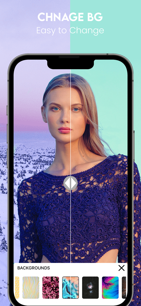 AI를 사용하여 사진 배경을 변경하는 방법을 보여주는 모바일 앱 인터페이스