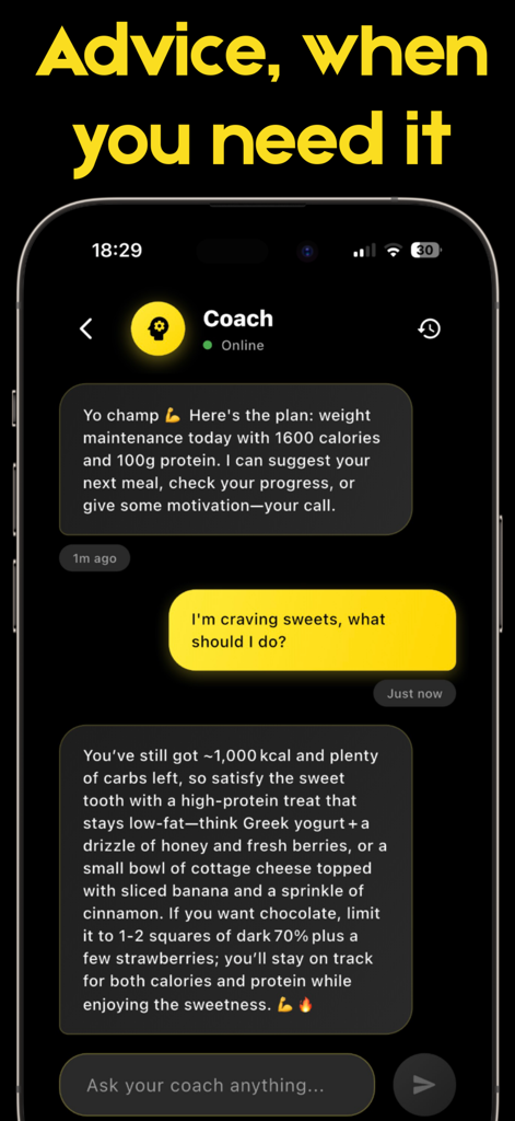 Screenshot of Cal Plus app showing a conversation with an AI Coach providing personalized healthy snack advice for sweet cravings