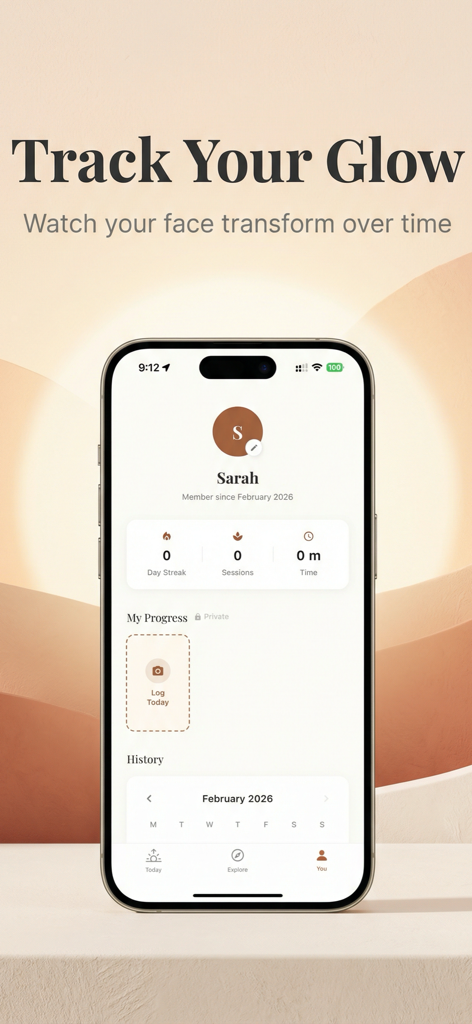 Luma: Face Yoga Exercises - The Luma app user profile interface displaying progress tracking features for face yoga exercises including daily streaks and session history.