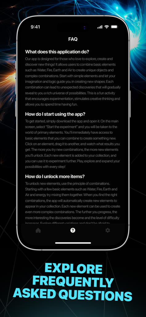Infinite Elements - Craft Chem - FAQ screen for Infinite Elements Craft Chem app providing game instructions