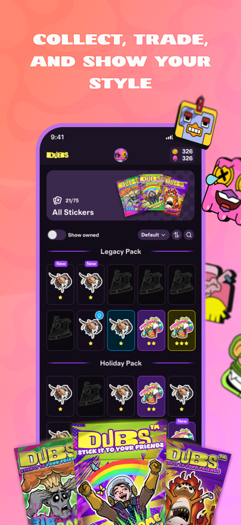 Interfaz de la app DUBS que muestra colecciones de pegatinas digitales y paquetes para gamers.