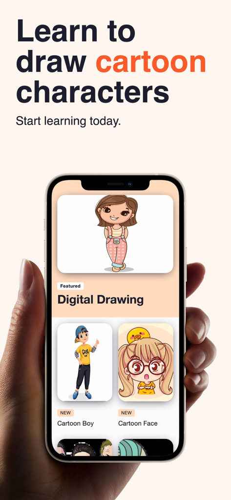 How to Draw Cartoons App - Pantalla de smartphone mostrando la app para Dibujar Dibujos Animados con varios tutoriales de personajes