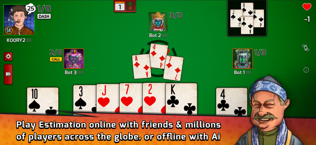 Gameplay screen of Pocket Estimation card game with players and cards on a green table