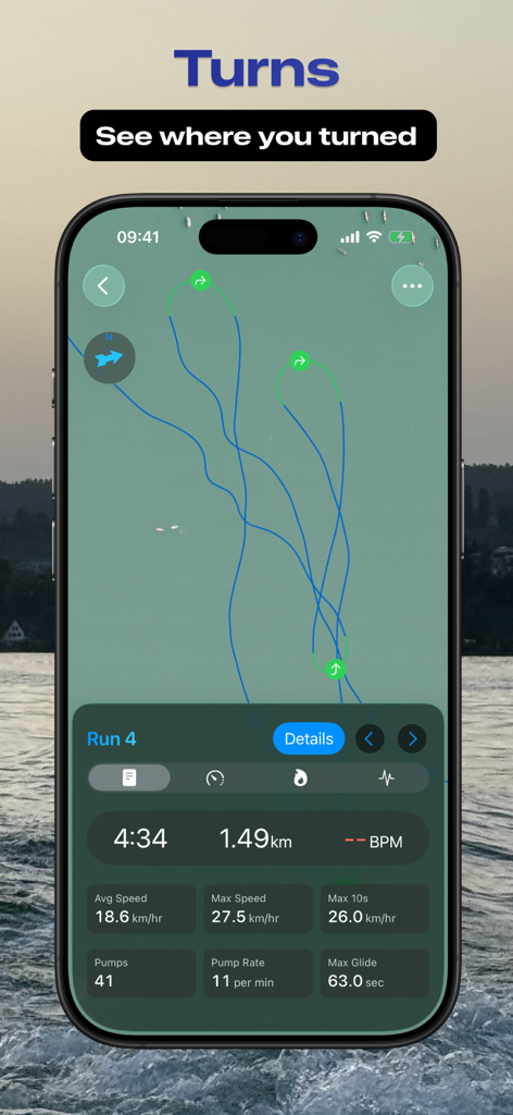 FoilMotion app interface displaying water sport maneuver tracking with GPS map and detailed performance metrics