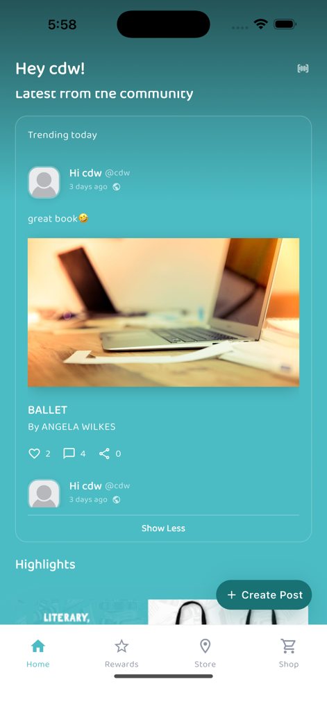 BookXcess - BookXcess loyalty app home screen showing a trending book post from the community feed.