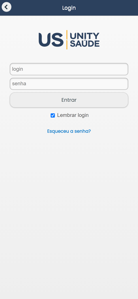 Unity Saúde - Login screen of the Unity Saude healthcare app