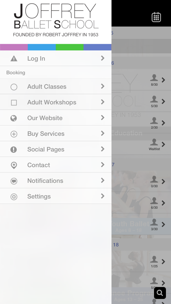 Joffrey Ballet School - Joffrey Ballet School app side menu with booking and account options