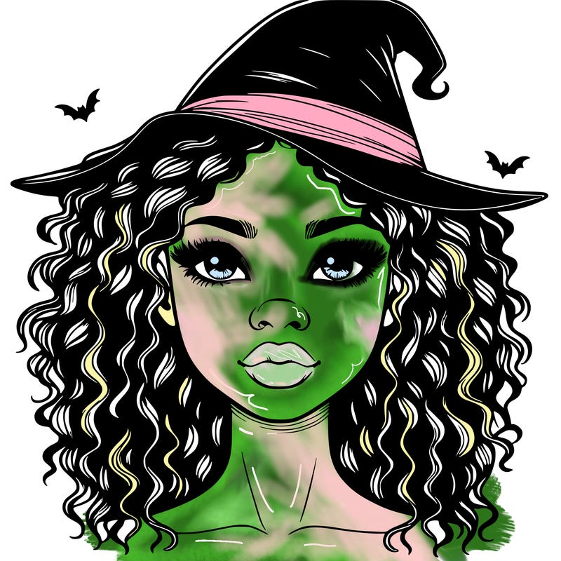 realistic black girl with wavy hair and witch hat and nose and lips