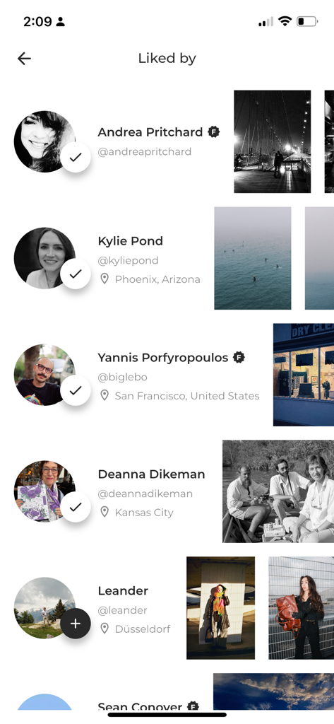 Foto Inc - A screen showing a list of photographers and their photo previews in the Liked by section of the Foto Inc app