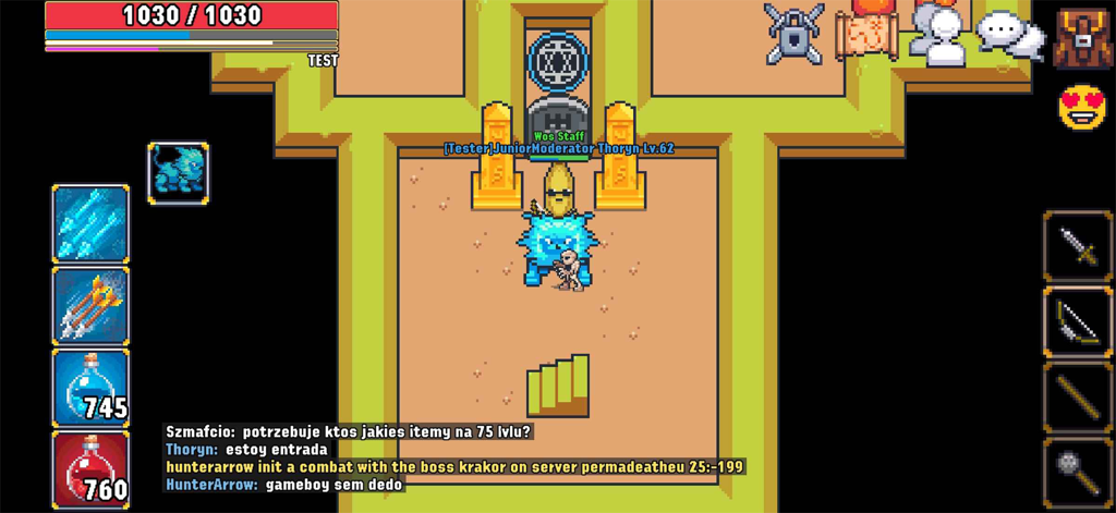 World of Solaria - MMORPG - Gameplay of World of Solaria showing a level 62 character on a blue mount in a pixel art dungeon with retro UI