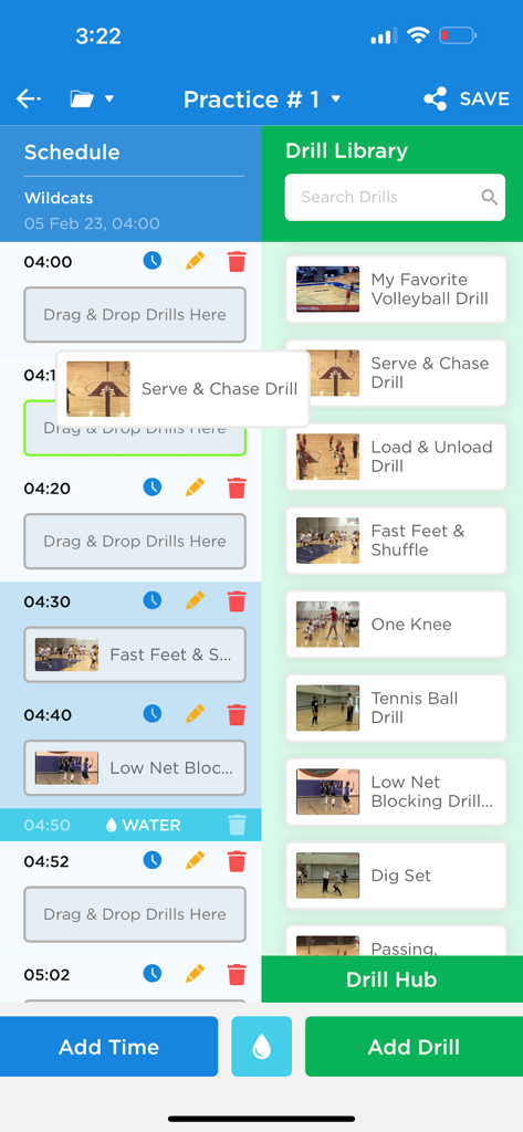 Interface of iPB Volleyball app showing practice schedule and a library of video drills for coaches