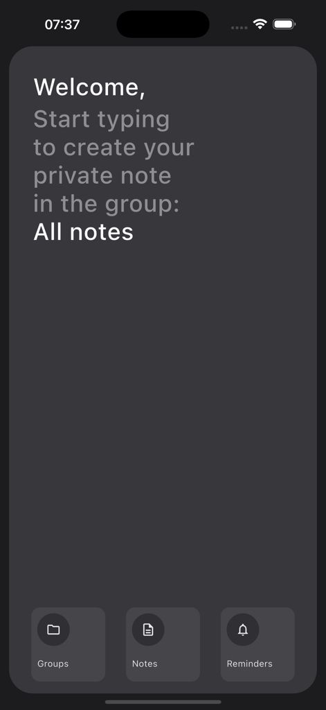 Mnemosyne: Mind's Archive - Mnemosyne app welcome screen showing minimalist interface for typing private notes