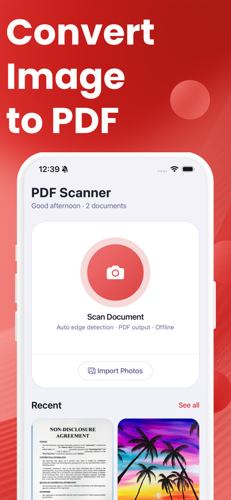 PDF Scanner: Scan Documents AI - 画像からPDFへの変換および文書スキャン機能を強調するPDFスキャナーアプリのインターフェイス。