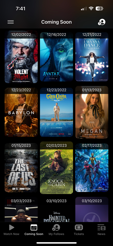 Movies Now! Stream Movie Apps - Movies Now app interface showing upcoming movie posters and release dates in a grid view.