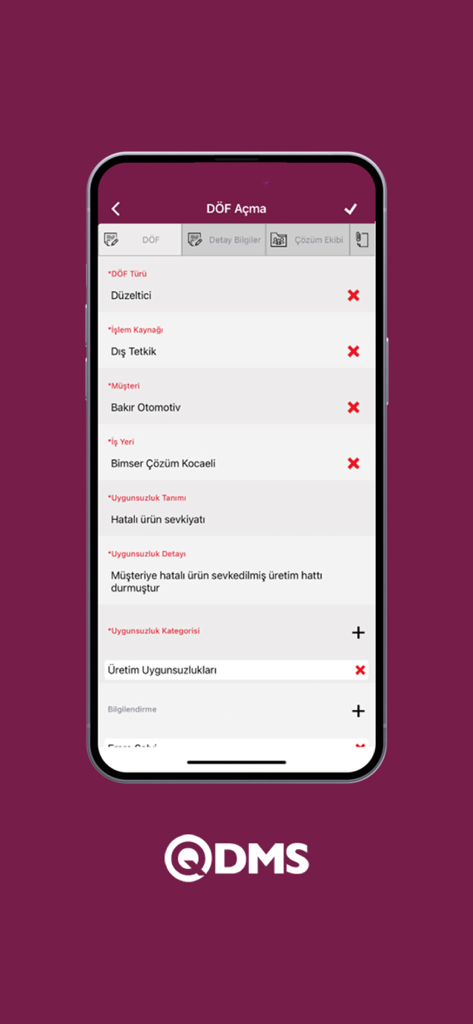 QDMS v2 - Bimser Çözüm - Mobile Oberfläche der QDMS v2 App, die einen Eingabebildschirm für Korrektur- und Abhilfemaßnahmen anzeigt