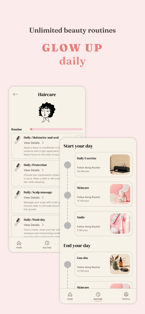 sister glow up - Interface of the Sister Glow Up app displaying daily beauty and self care routine schedules