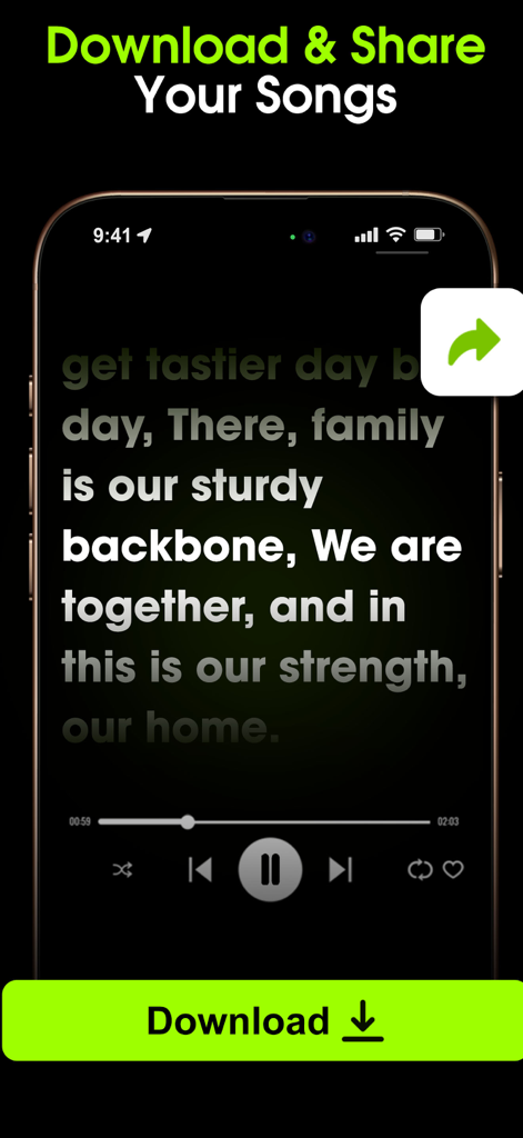Zuka AI music maker app interface showing song lyrics and options to download and share your creations.