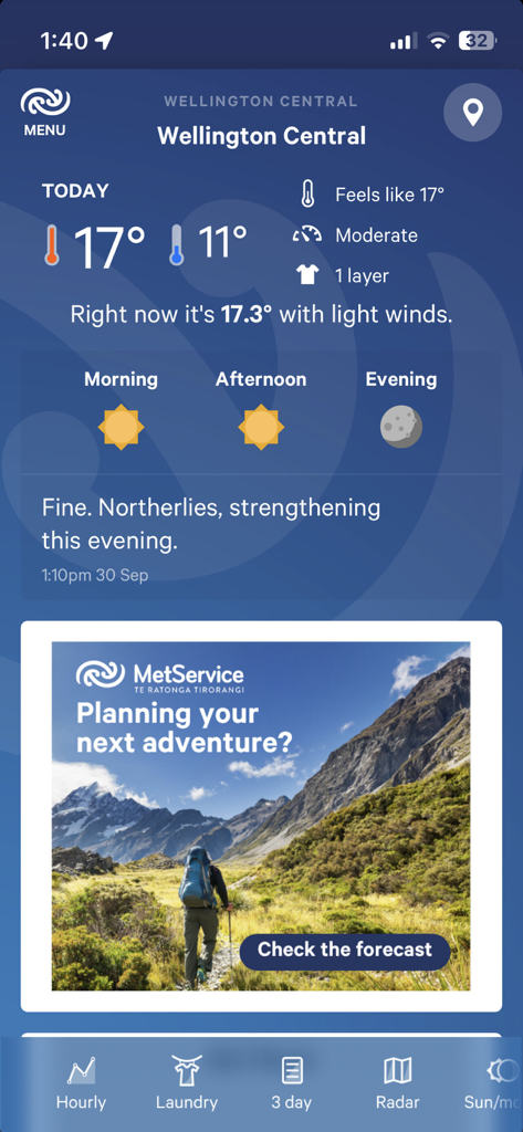 MetService app interface showing weather for Wellington Central and a hiker planning an adventure