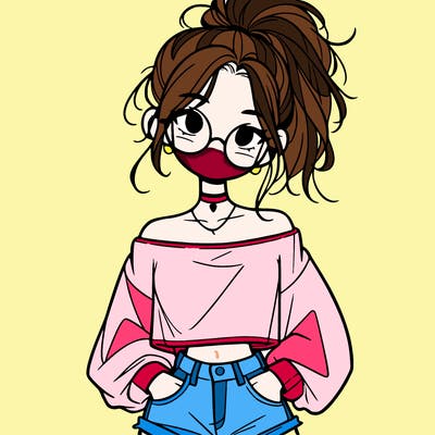 girl with a messy ponytail glasses a baggy crop top and jean shorts