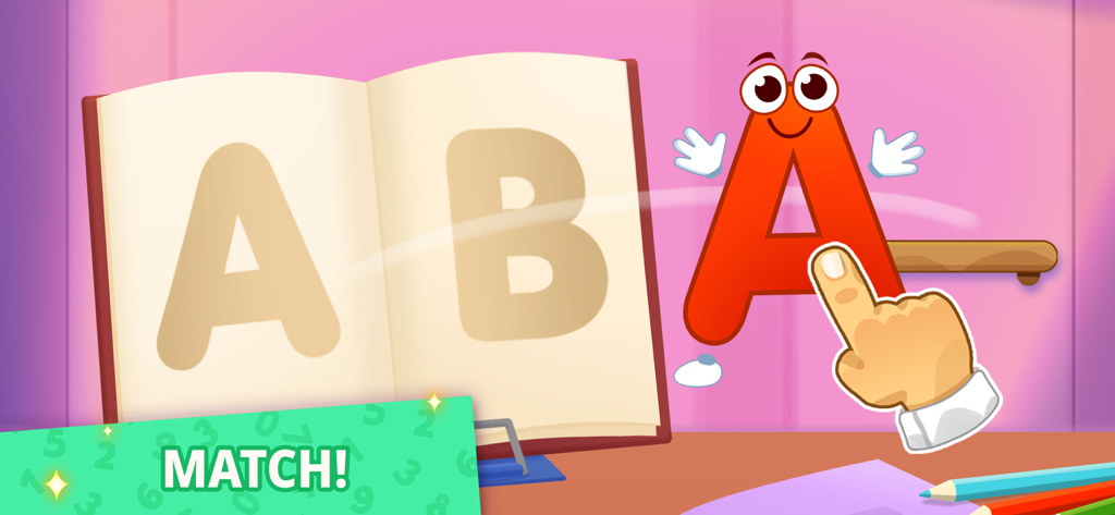 ABC: Alphabet Learning Games - A cartoon red letter A being matched to its outline in an open alphabet book