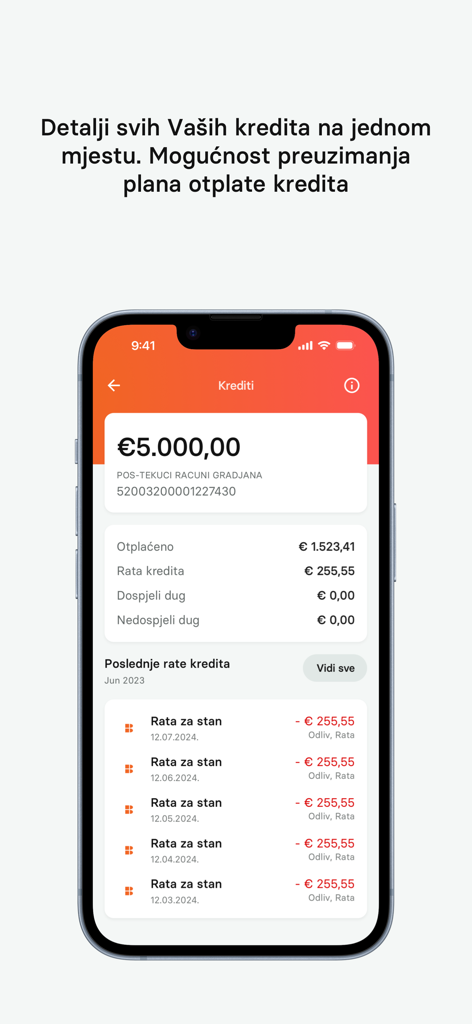 mHB klik - Hipotekarna Banka mHB klik mobile app loan details screen showing credit balance and payment history in Euros.