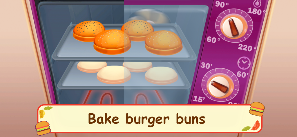 Burger Cafe – Cooking Games - 조절 가능한 온도 및 타이머 다이얼이 있는 오븐에서 버거 번을 굽는 것을 보여주는 요리 게임 스크린샷