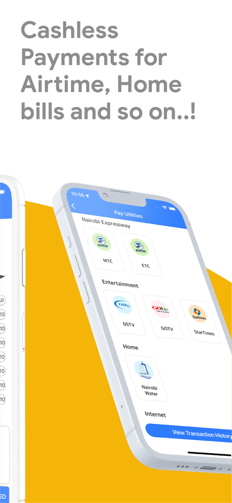 Little Ride - Mobile screen showing the cashless payment interface for utilities like water and airtime in the Little Ride app