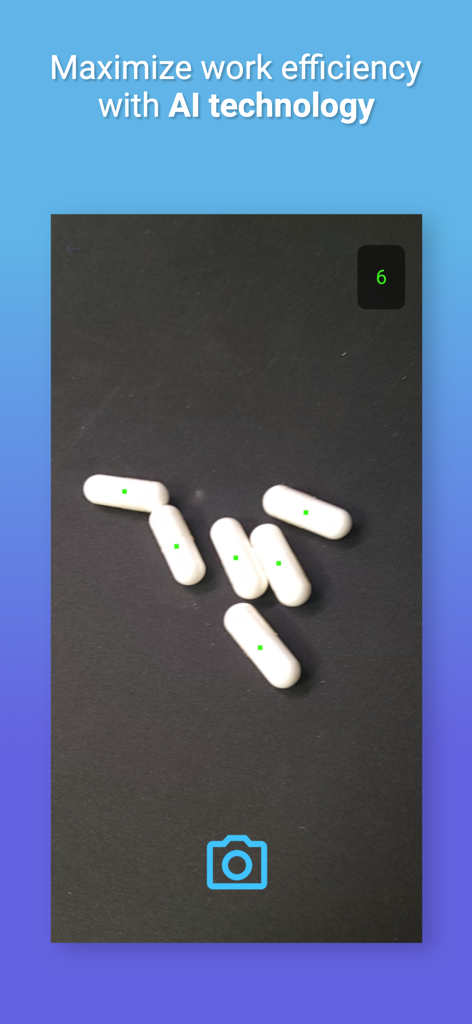 Pill Counter New - AI pill counter app detecting and counting six white capsules on a dark background