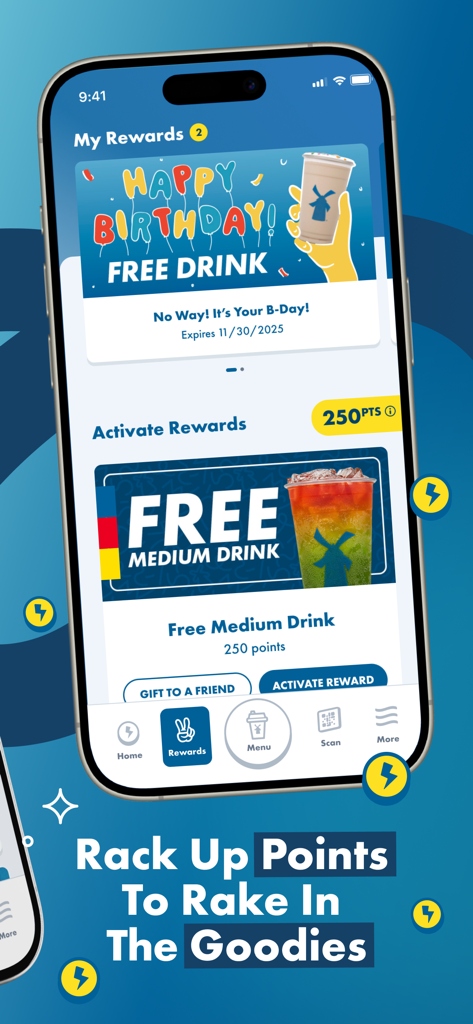 Dutch Bros App-Oberfläche mit Prämienpunkten und Angeboten für kostenlose Geburtstagsgetränke
