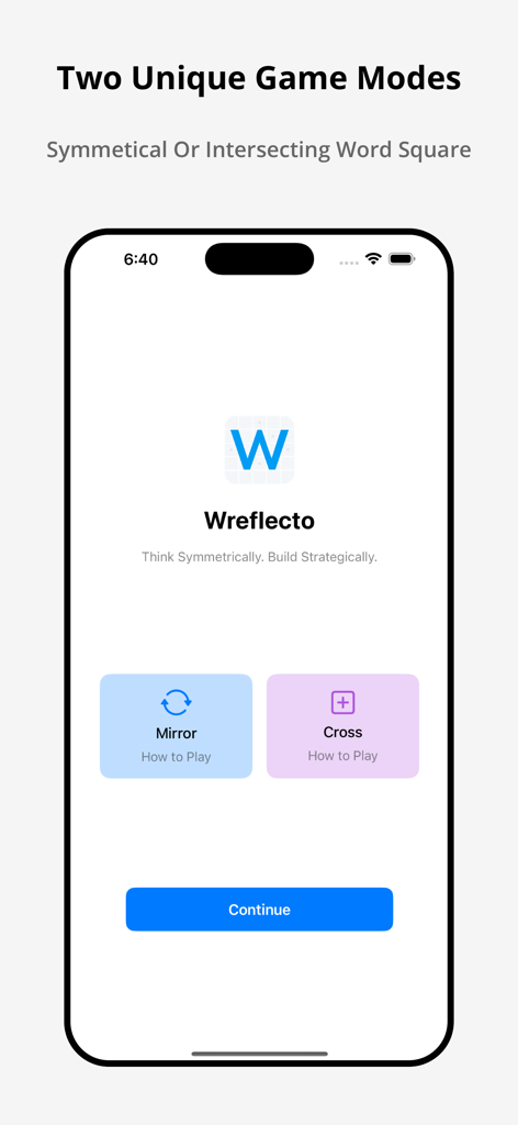 Offline Game: Wreflecto Word - Pantalla de inicio de la aplicación Wreflecto Word que muestra los modos de juego Espejo y Cruz en un iPhone