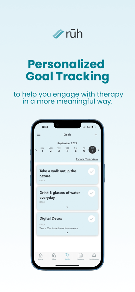 Ruh Care app interface displaying the personalized goal tracking screen with daily wellness tasks