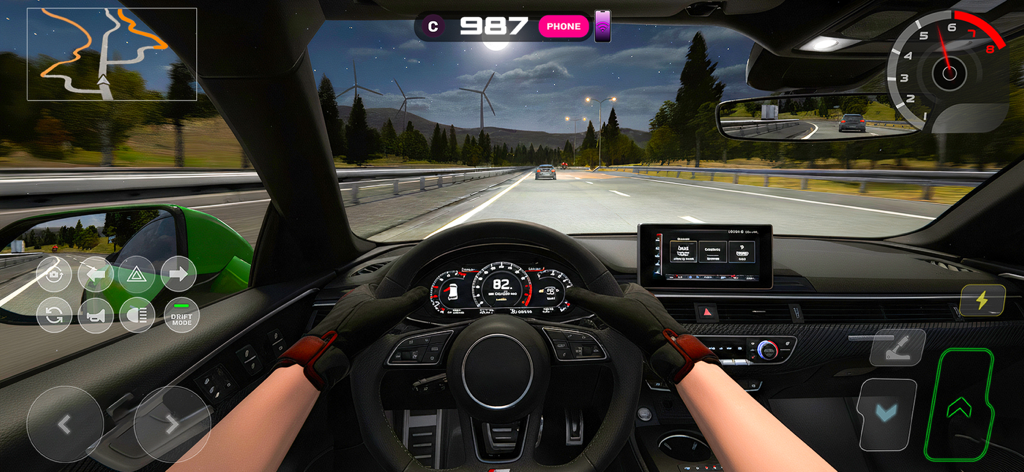 Vista interior realista en primera persona de un coche conduciendo por una autopista por la noche