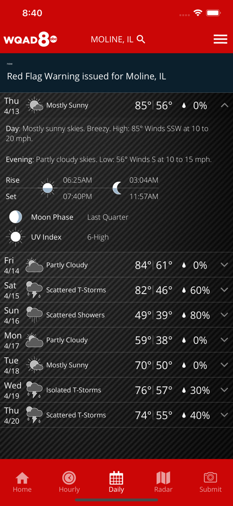 Daily weather forecast for Moline Illinois in the WQAD Storm Track 8 app featuring a Red Flag Warning and 7 day outlook