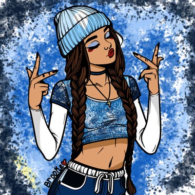 realistic teenage girl with braids and a beanie and crop top doing 🫶🏼