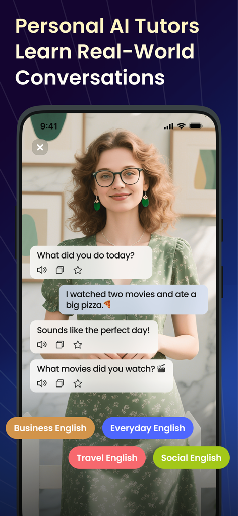TalkFlow:Speak English Better - Interface de l'application mobile TalkFlow montrant une conversation avec un tuteur IA pour pratiquer l'anglais de tous les jours