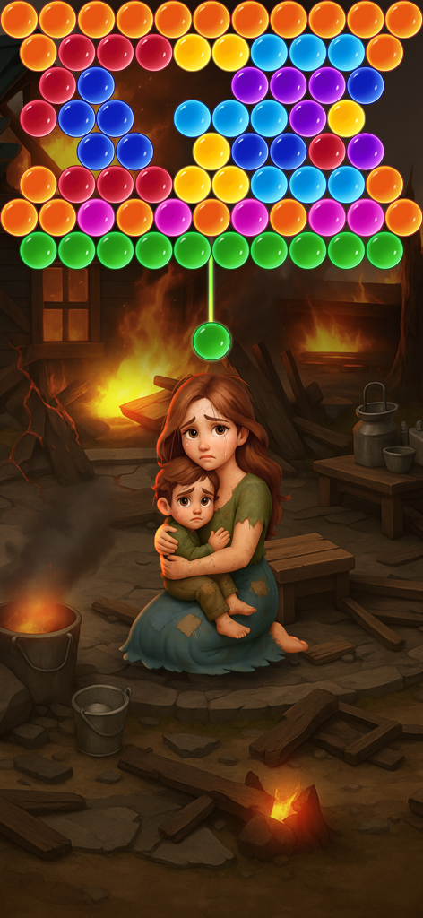 Bubble Family - Bubble shooter gameplay showing colorful bubbles and a mother and child character in a rustic scene