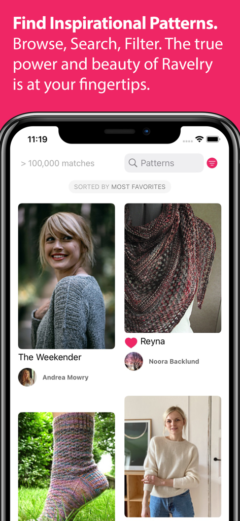 The Ravit app interface on a smartphone displaying a variety of popular knitting patterns like The Weekender and Reyna.
