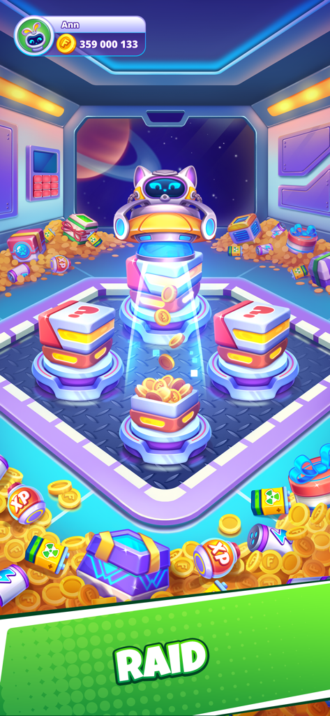 A futuristic raid screen in the Time Master game featuring a robot cat and treasure boxes in space.