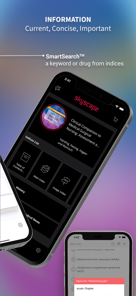 Medical Surgical Nursing Lewis - Medical Surgical Nursing Lewis app interface showing smart search and clinical indices