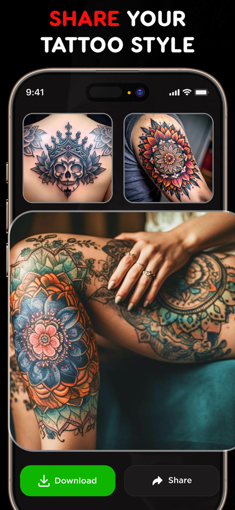 Tela do aplicativo móvel mostrando uma galeria de designs de tatuagem gerados por IA em diferentes partes do corpo com opções de download e compartilhamento