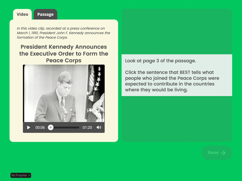 i-Ready Connect App-Oberfläche mit einer Videolektion über das Friedenskorps mit einer interaktiven Lesefrage