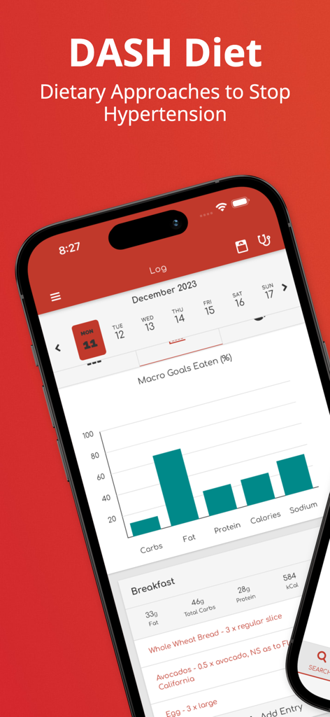 My Dash Diet: Sodium Tracker - Interfaccia dell'app DASH Diet che mostra il progresso degli obiettivi macro e la registrazione del cibo