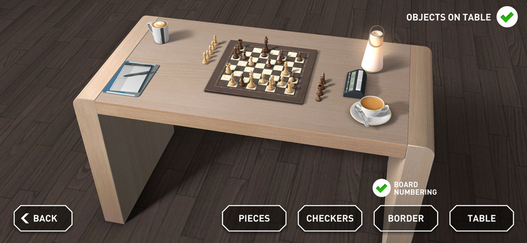 A 3D chess board on a wooden table with customizable objects like coffee cups and a lamp