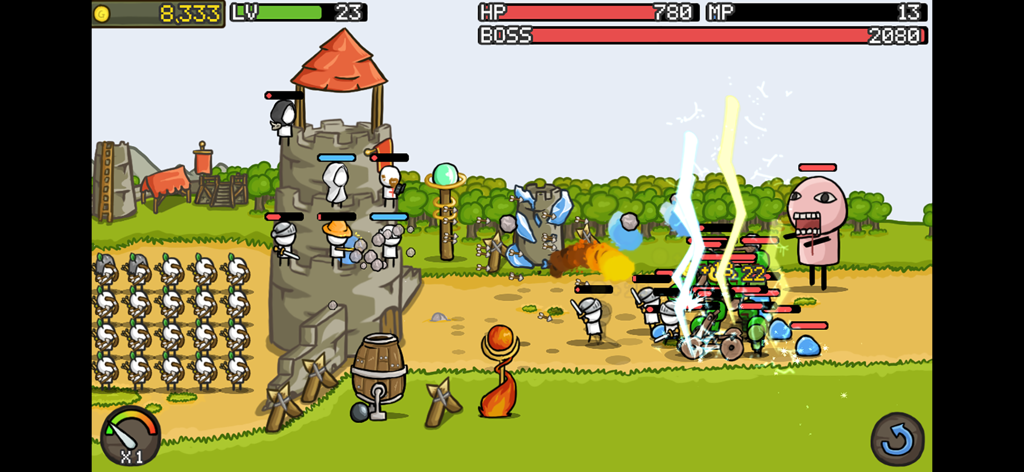 Capture d'écran de Grow Castle montrant des héros défendant une tour contre un boss ennemi