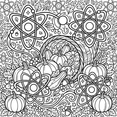 Delve into a truly unique coloring experience where the bounty of Thanksgiving meets the marvels of atomic science. This captivating page combines traditional harvest symbols with stylized oxygen atoms for an engaging creative challenge.