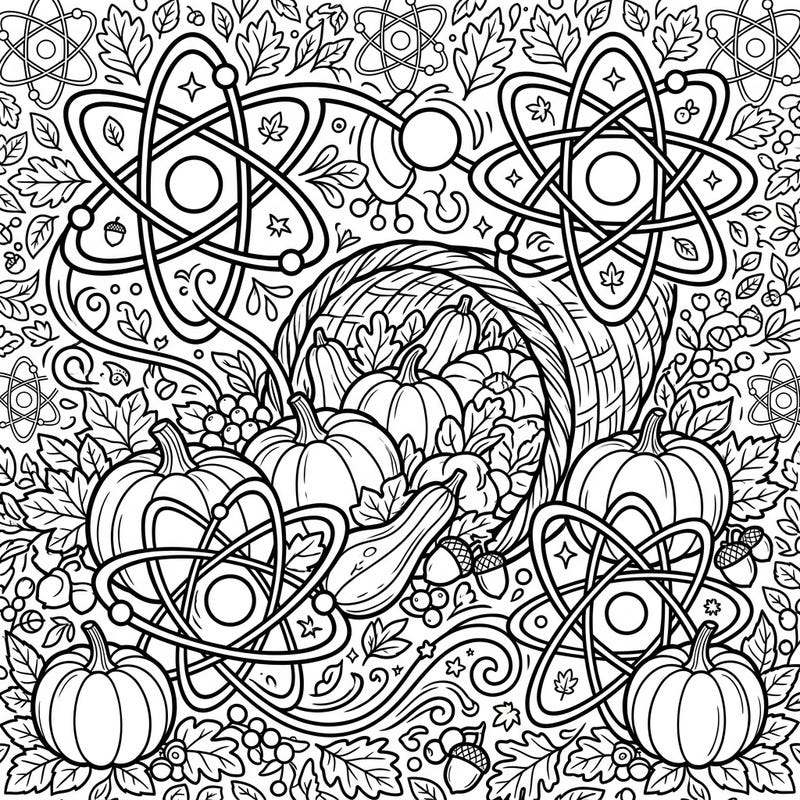 Delve into a truly unique coloring experience where the bounty of Thanksgiving meets the marvels of atomic science. This captivating page combines traditional harvest symbols with stylized oxygen atoms for an engaging creative challenge.