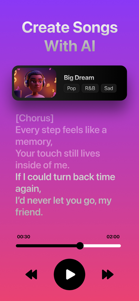 Singo AI Song & Music Maker - Interface of Singo AI app showing lyrics for an AI generated song titled Big Dream