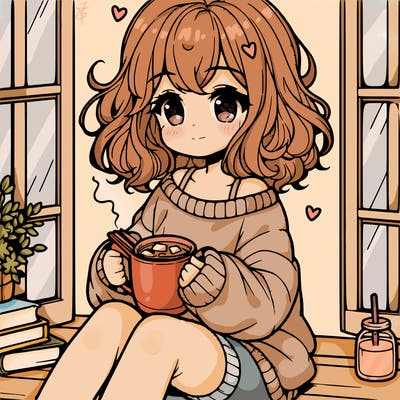 cute anime girl reading book and drinking hot chocolate from mug with loose wavy hair wearing a baggy sweatshirt and shorts sitting by windowsill looking out
