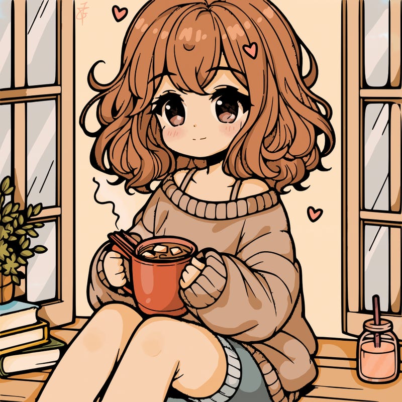 cute anime girl reading book and drinking hot chocolate from mug with loose wavy hair wearing a baggy sweatshirt and shorts sitting by windowsill looking out