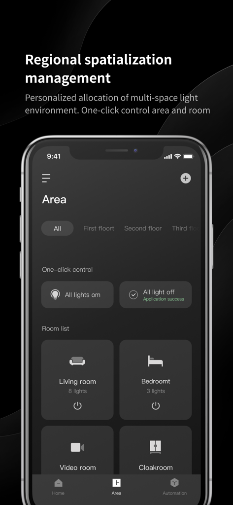 Yeelight Pro app interface showing regional lighting management for different rooms and floors.
